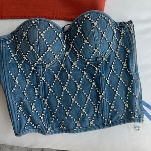 Rhinestone Embellished Denim Bustier Corset Top Tie Back